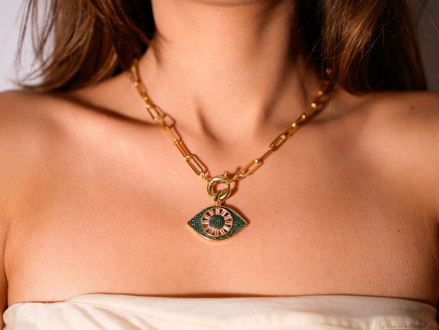 EMERALD EVIL EYE CHARM NECKLACE